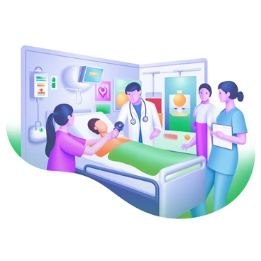 A hospital ward bustling with activity, featuring doctors and nurses in scrubs interacting with patients. A doctor, wearing a white coat and stethoscope, is checking a patient's blood pressure, while a nurse, carrying a clipboard, writes notes beside a patient's bed. Another nurse is seen adjusting an IV drip. The ward is filled with medical equipment, such as heart monitors and oxygen tanks, alongside colorful patient rooms. The atmosphere is professional and focused, highlighting the care being given to each patient.