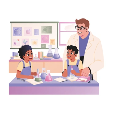 A mentor with short brown hair and glasses is demonstrating a science experiment in a bright classroom. The mentor is wearing a white lab coat over a blue shirt and has a friendly smile. A young student with curly black hair, wearing a yellow t-shirt and blue overalls, is attentively watching. On the table in front of them, there are beakers filled with colorful liquids and a few science books scattered around. The student is holding a stirring rod, ready to mix substances. Brightly colored posters of the solar system and chemical reactions are visible on the walls, adding to the educational atmosphere. There is a window letting in natural light, creating a cheerful environment.