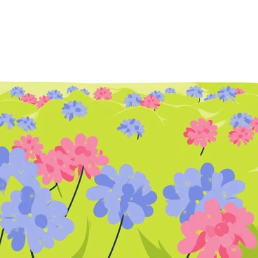 An expansive field filled with vibrant blue and pink hydrangea flowers. The flowers are clustered together, creating a colorful patchwork across the green grass. The horizon is visible in the distance, with a clear blue sky above. A gentle breeze causes the flowers to sway slightly, adding movement to the scene.