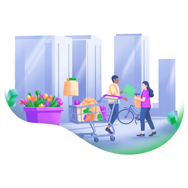 A modern pastel illustration of a shopping cart standing alone on a bustling city street. The shopping cart is filled with colorful grocery bags, and it is positioned on a sidewalk. In the background, there are tall buildings with large windows reflecting the sunlight. People are walking by, some carrying shopping bags, while others are engrossed in conversation. A bicycle is parked nearby, and vibrant flower planters line the street, adding a touch of color to the scene.