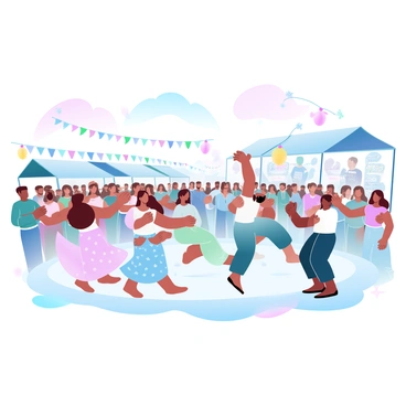 A vibrant cultural festival scene unfolds with a diverse group of people dressed in traditional attire. Men and women are engaged in a lively dance, their colorful garments flowing as they move rhythmically. The dancers are surrounded by decorative banners and colorful flags that flutter in the breeze. A large crowd of onlookers gathers around, some clapping along to the music. Stalls featuring traditional crafts and foods line the background, adding to the festive atmosphere. Brightly colored flowers and lanterns enhance the joyful setting.