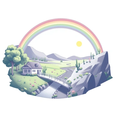 A rainbow arches gracefully over two distinct landscapes. The left side displays a lush, green valley dotted with vibrant wildflowers and a gently flowing river. In the foreground, a small wooden bridge crosses the river, leading to a quaint cottage nestled among the trees. The right side features a rocky terrain with a sprawling desert under a bright sun, showcasing cacti and dry bushes scattered across the landscape. Each land is vividly defined by its unique elements, emphasizing the contrast between the vibrant greenery and the arid surroundings.