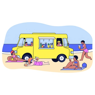 A vibrant food truck with a bright yellow exterior is parked on a sandy beach. The truck has a large window where tropical smoothies are being served. Colorful fruits like pineapples, mangoes, and coconuts are displayed on the counter. Sunbathers, some lounging on beach towels, are enjoying their smoothies while others are playing beach volleyball nearby. The ocean waves can be seen in the background, and a clear blue sky fills the scene.