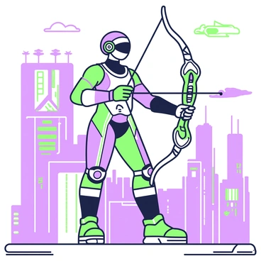 A futuristic archer equipped with high-tech gear in a sci-fi cityscape