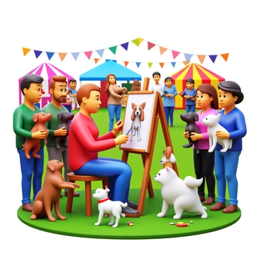 An artist with a focused expression is drawing a portrait of a dog in a lively setting. The artist is seated at an easel with a canvas, using pencils and paints. Surrounding them are various pet owners holding their animals, including dogs, cats, and other small pets. Colorful booths and banners are visible in the background, and the ground is covered in grass and scattered colorful items from the fair. The animals are interacting with their owners, some looking curiously at the artist while others are playfully engaged with one another.