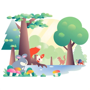 A vibrant forest scene is depicted, showcasing a variety of trees including tall pines and wide oak trees. In the foreground, a curious rabbit with soft gray fur is sitting beside a cluster of colorful mushrooms. Nearby, a red fox with a bushy tail is peeking from behind a large tree trunk. To the right, a family of squirrels is playfully chasing each other among the branches. Sunlight filters through the leaves, creating dappled light on the forest floor. The atmosphere is lively with the presence of various woodland creatures interacting harmoniously.