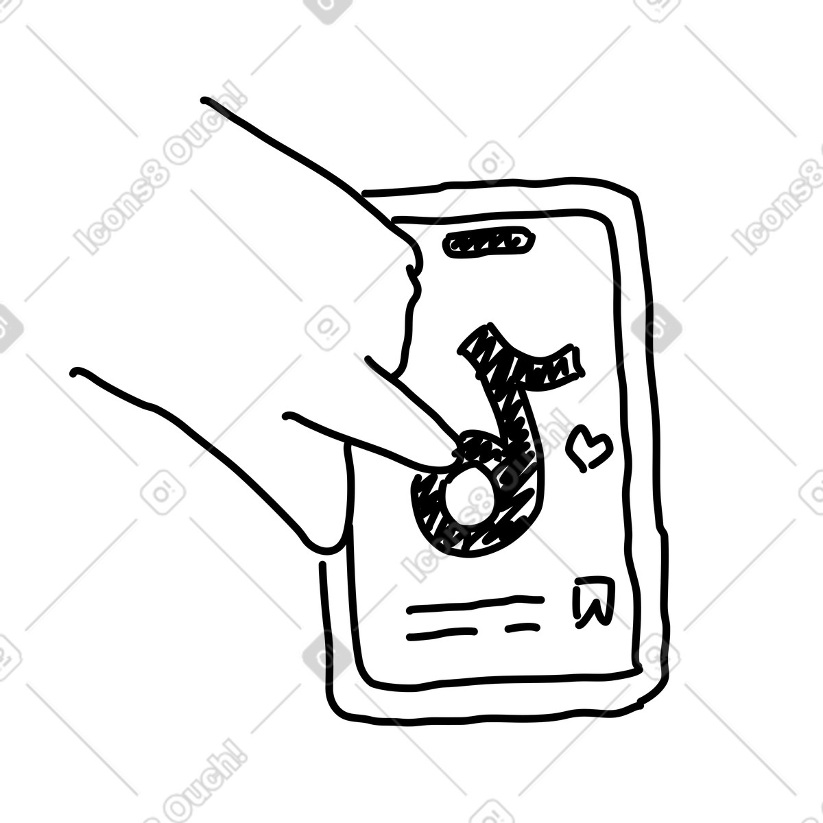 TikTok logo on smartphone screen tapped by hand with icons-Illustration im Rough Sketch-Stil als Download in PNG, SVG