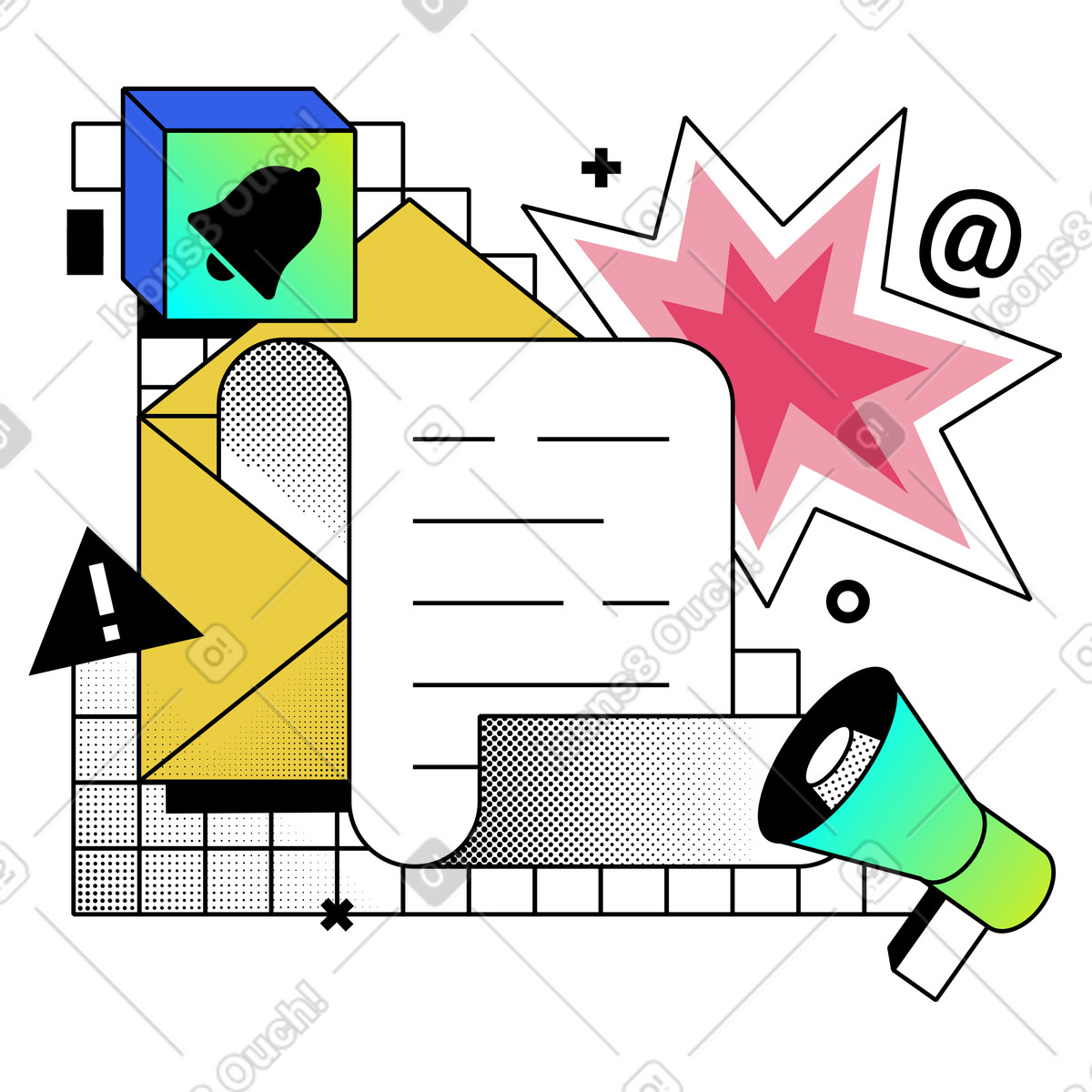 Email marketing con newsletter promozionale illustrazione in stile Memphis scarica in PNG, SVG