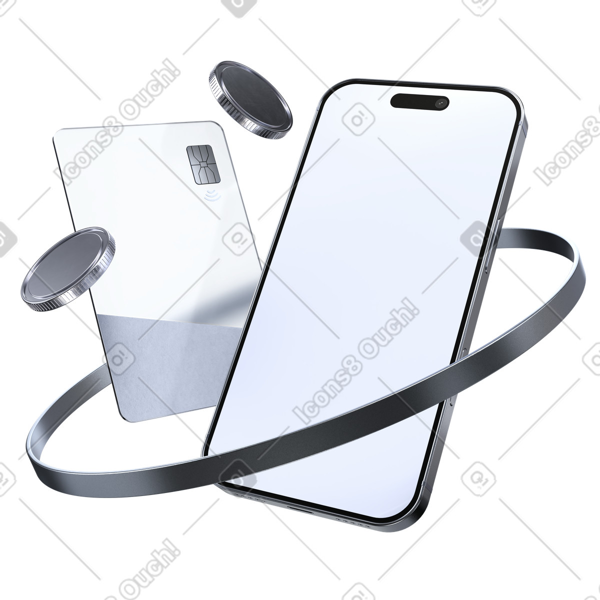 Mobile phone and bank card inside metal ring, payment flow and money transfer illustration in PNG, SVG