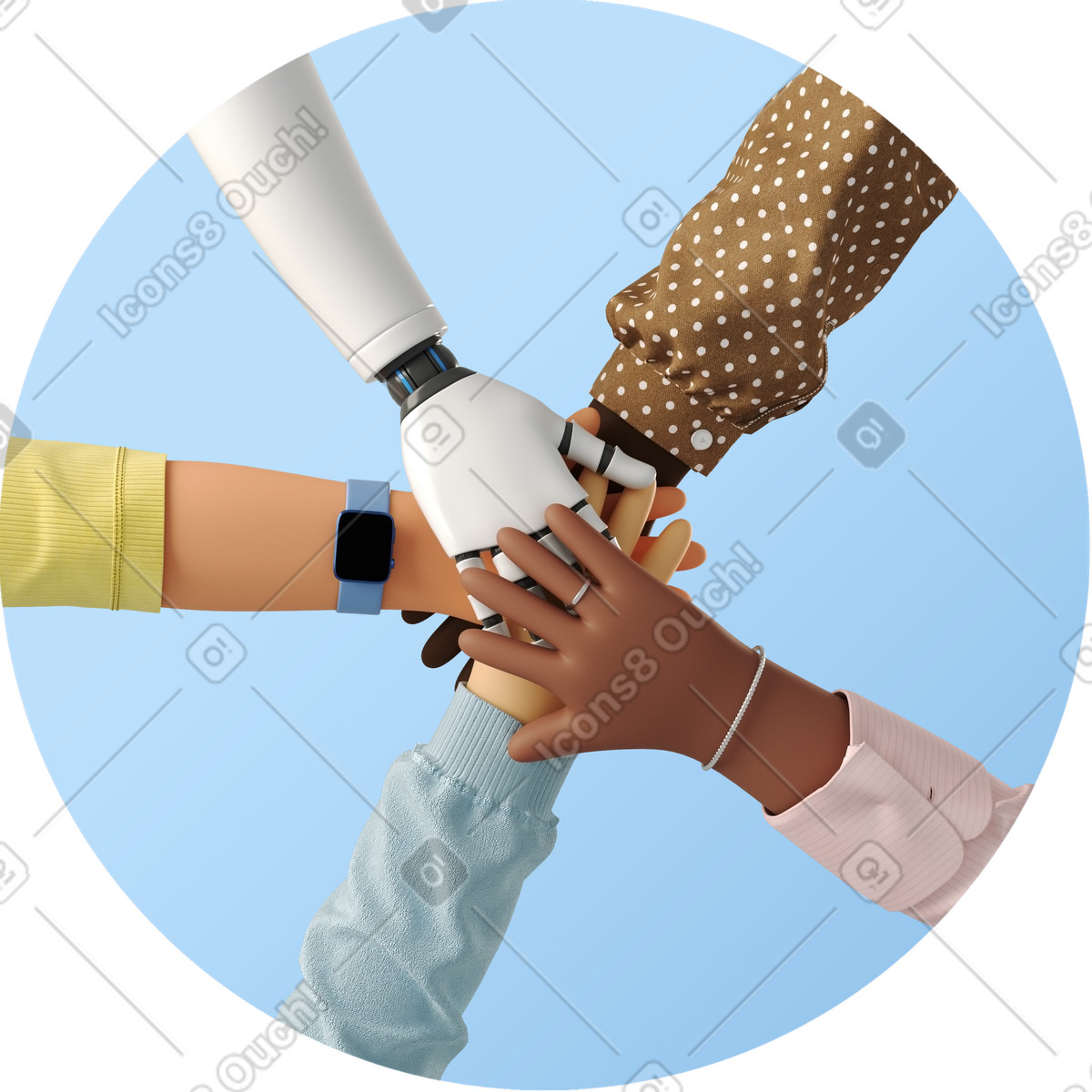 Hands of team members and humanoid robot illustration in 3D Business style download in PNG, SVG