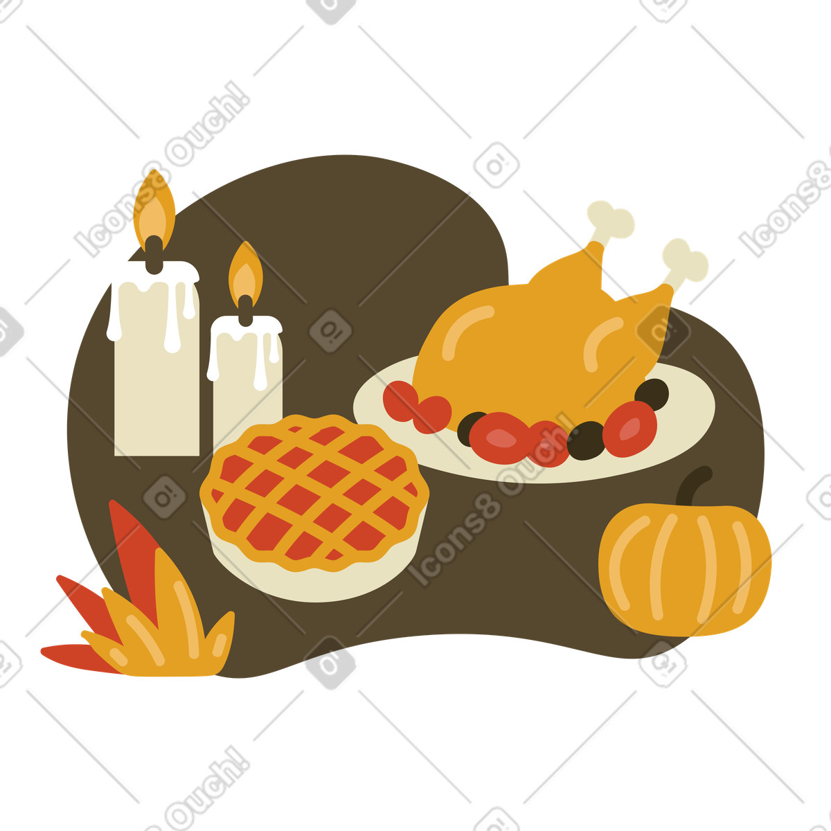 Thanksgiving dinner with turkey, pie, pumpkin and candles illustration in Arabica style download in PNG, SVG