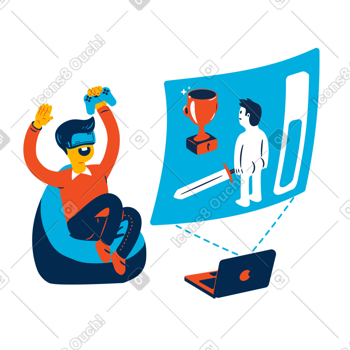 Player immersed in fantastic adventure virtual reality, VR gaming and Immersive technology illustration Flame style download PNG, SVG