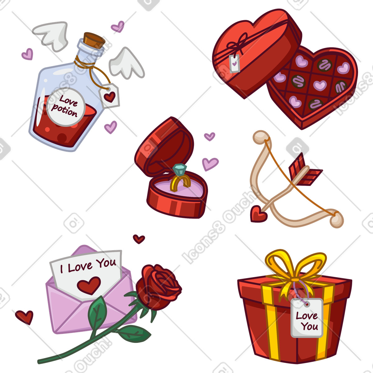 Valentine's day items pack illustration in Festicon style download in PNG, SVG