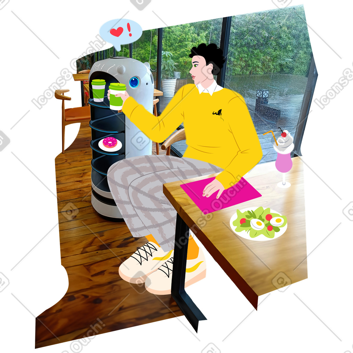 Illustration Robot waiter brings an order to a young man dans le style Everyday à télécharger aux formats PNG, SVG