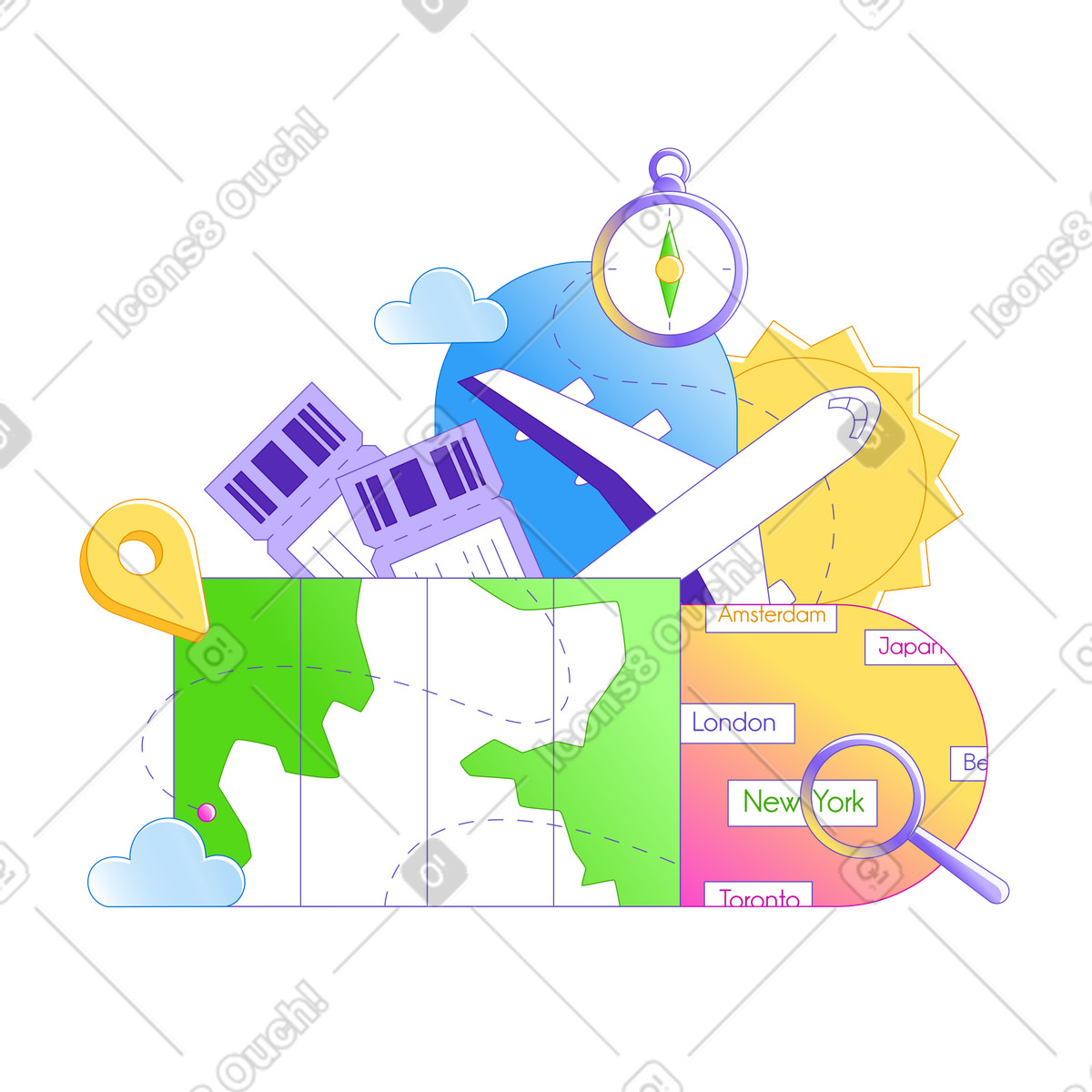 Map with plane, compass and tickets, Holiday planning vacation booking illustrazione in stile Rainbow scarica in PNG, SVG