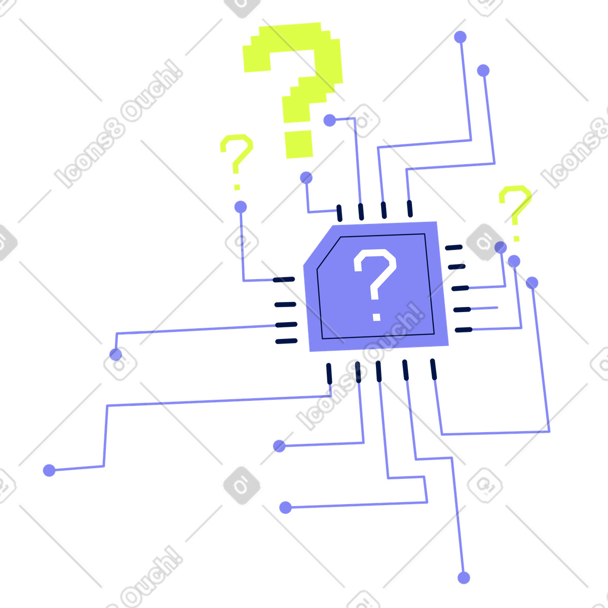 Microchip with question marks and circuit lines, Hardware problem solving tech support illustration in Glow style download in PNG, SVG