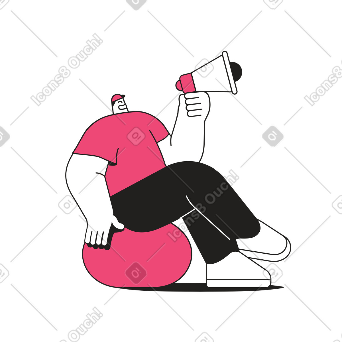 Man promoter sitzt auf gymnastikball und schreit ins megaphon animierte Illustration im Dazzle Line-Stil als Download in GIF, Lottie (JSON), AE