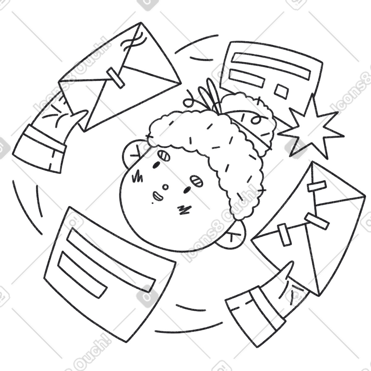 Woman multitasking and answering messages letters illustration in Bonbon Line style download in PNG, SVG