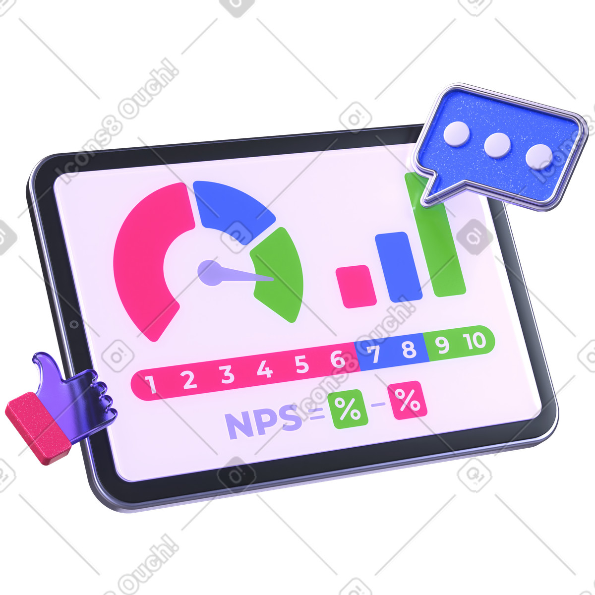 Illustration Tableau de bord du score recommandation net, analyse la fidélité client, informations sur les commentaires des utilisateurs dans le style 3D Boost à télécharger aux formats PNG, SVG