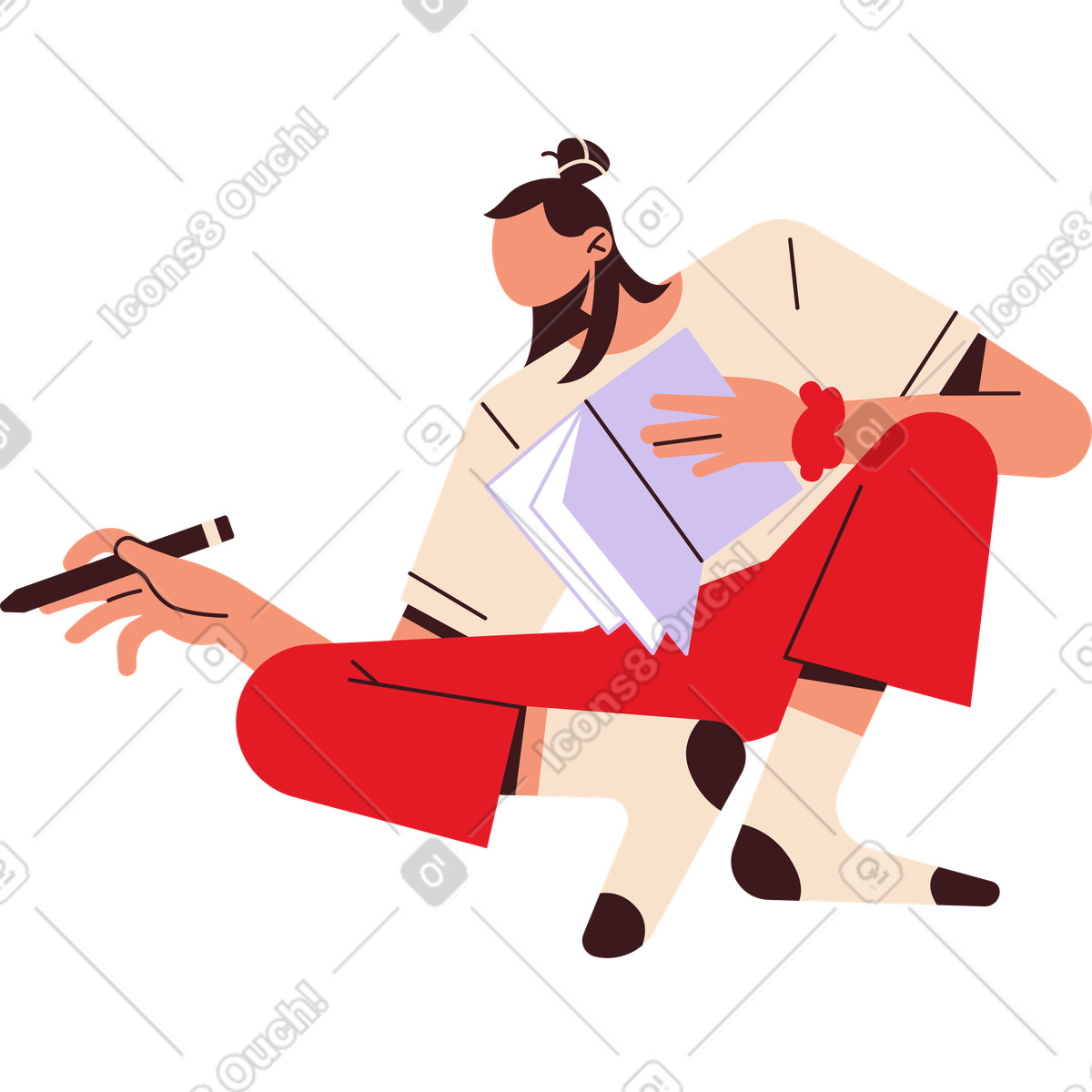 Illustration Femme assise avec un crayon et livre dans le style Folks à télécharger aux formats PNG, SVG