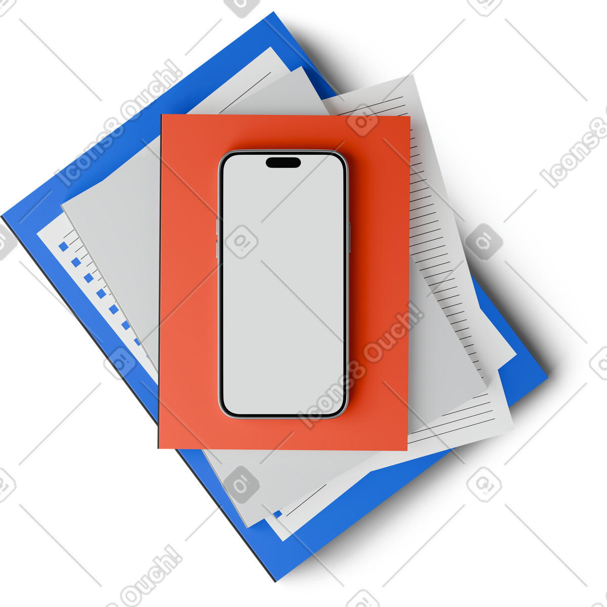 3D Hygge スタイルの Top view of smartphone lying on a pile books のイラストをPNG、SVG形式でダウンロード