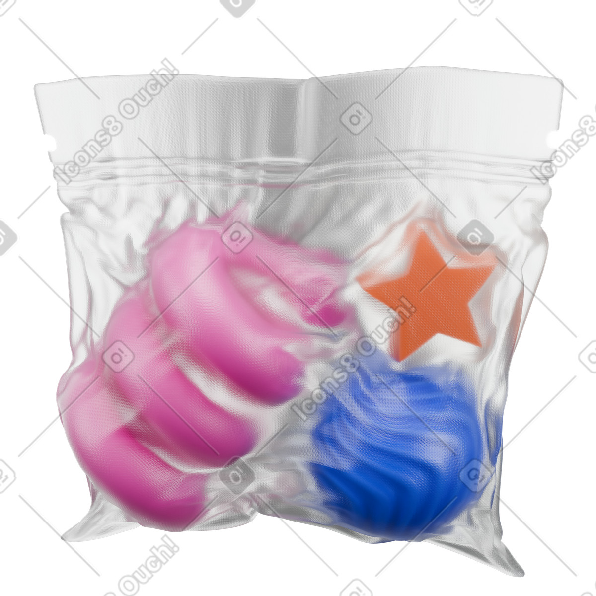 Forme di giocattoli sigillate sottovuoto in un sacchetto plastica, mockup imballaggio del prodotto illustrazione stile 3D Wrap scarica PNG, SVG
