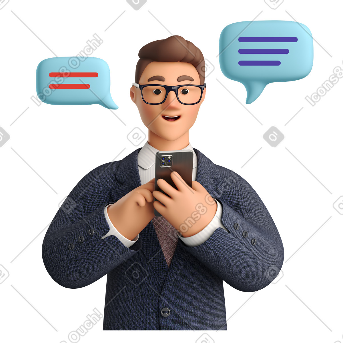 下载 3D Business 风格的 通过在线消息进行业务交流 插画，支持 PNG、SVG 格式