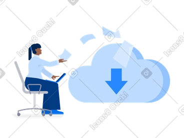 Woman with laptop on her lap sends documents to cloud storage PNG, SVG