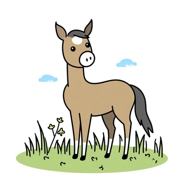 A young foal with a light brown coat and a white blaze on its forehead is standing in a field of tall green grass. The foal has large, expressive eyes and its ears are perked up, indicating curiosity. The grass around it sways gently in the wind. The sunlight casts soft shadows on the ground, and there are a few wildflowers scattered throughout the grass. The background includes a clear blue sky, adding to the tranquility of the scene.