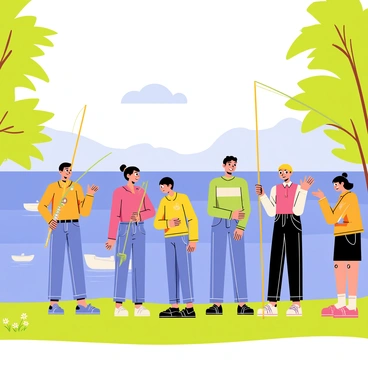 A group of participants standing at the edge of a sparkling blue lake, each holding colorful fishing rods. The participants display a mix of expressions, including excitement and anticipation, while they stand on a grassy bank adorned with small wildflowers. In the background, trees with vibrant green leaves frame the serene waters of the lake. Some participants are chatting amongst themselves, while others focus intently on the lake. A few small boats can be seen floating gently on the water, and the sky above is a bright blue with a few fluffy white clouds.