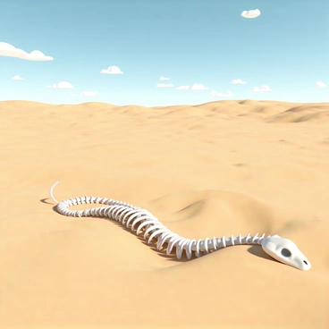 A snake skeleton partially buried in the fine, golden sand of a vast desert. The skeleton is elongated, with distinct vertebrae and ribs clearly visible, showcasing its intricate structure. Surrounding the skeleton, the sand features subtle ripples and small dunes that suggest the movement of wind. In the background, endless stretches of more sand can be seen under a bright blue sky with a few scattered clouds. The overall scene captures the desolation of the desert, emphasizing the remnants of the snake against the arid landscape.