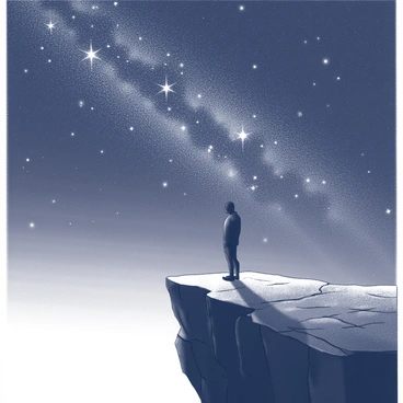 A solitary figure is positioned on the edge of a rugged cliff. The figure is standing upright with arms relaxed at their sides, engulfed in contemplation. The cliff is rocky and steep, leading down to a dark abyss. Above, a vast sky filled with countless stars stretches infinitely. The stars are bright and twinkling against a dark backdrop, creating a sense of wonder and tranquility. The silhouette of the figure contrasts with the night sky, emphasizing their solitude in this expansive landscape.