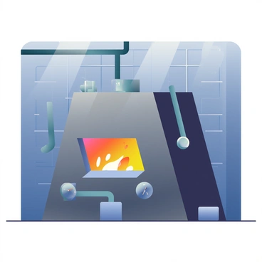 A large industrial furnace is situated in a dimly lit room, with metallic walls and a concrete floor. The furnace has a rectangular shape and is painted in dark gray tones. Flames are visible through a small, rectangular window on the front of the furnace, emitting bright orange and yellow hues. Sparks are occasionally bursting from the flames, illuminating the surrounding area with a flickering light. Pipes and gauges are attached to the sides of the furnace, indicating it is part of a complex industrial setup. The atmosphere is filled with a slight haze, enhancing the intensity of the fiery glow from within.