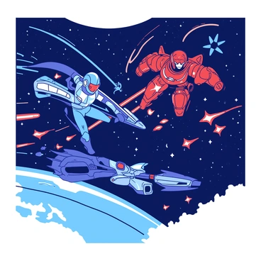 Two spacefaring heroes are locked in a dynamic battle amidst the stars. One hero, clad in a sleek blue suit with glowing accents, is maneuvering a silver spacecraft that is blazing through the darkness. The other hero is wearing an imposing red armored suit, piloting a dark ship that emits bright orange laser beams. The backdrop is filled with twinkling stars and swirling galaxies, creating an epic cosmic scene. Both heroes are focused on each other, showcasing their determination and skill as they dodge incoming fire and prepare for their next move.