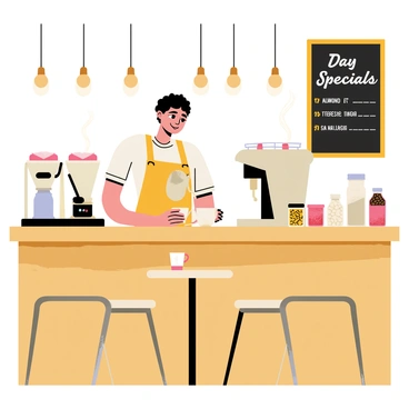 A cozy cafe scene featuring a barista behind a wooden counter. The barista, wearing an apron, is skillfully pouring steamed milk into a cup to create an almond-flavored latte. The cup is white with a delicate latte art design on top. Surrounding the barista are various coffee-making tools, including a shiny espresso machine and jars filled with coffee beans. A small table with two wooden chairs is nearby, and there are warm light fixtures hanging from the ceiling, creating a welcoming atmosphere. A chalkboard menu displays the day's specials in elegant handwriting.