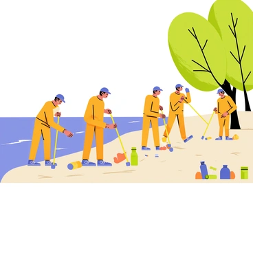 A group of volunteers wearing bright orange protective gear is actively picking up trash along the banks of the Ganges River. The volunteers are using long grabbers to collect plastic bottles, bags, and other debris from the sandy shore. Lush green trees line the riverbank in the background, contrasting with the clear blue water of the Ganges. A few volunteers are seen working together in pairs, while others are focused on individual sections of the riverbank. The scene conveys a sense of teamwork and dedication to keeping the environment clean.