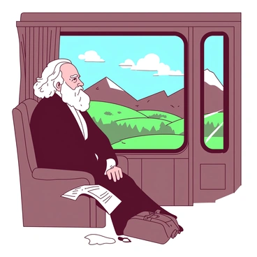 A historical scene featuring "Karl Marx" seated by a train window, absorbed in thought as he gazes out. The interior of the train is detailed with wooden paneling and plush seats. Outside the window, the landscapes change dramatically from "lush green fields" to "towering mountains." Clouds drift across a "clear blue sky," adding depth to the scene. The train is depicted in motion, emphasizing the sense of travel and exploration. Marx is dressed in 19th-century clothing, with a thoughtful expression, surrounded by a few scattered papers and a small leather bag beside him.