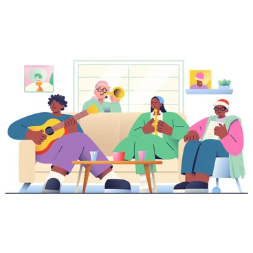 A group of musicians is gathered in a cozy living room, engaged in a lively jam session. One musician with curly hair is playing an acoustic guitar while sitting on a soft, beige couch. Another musician with glasses is playing a trumpet, leaning slightly forward with enthusiasm. Nearby, a woman with short hair is playing a keyboard, her fingers dancing across the keys. A fourth musician, sporting a beanie, is playing a set of bongo drums, adding rhythm to the atmosphere. The room is warmly lit, with a wooden coffee table in front of them holding a few scattered sheet music and drinks. Colorful paintings hang on the walls, and a large window allows soft, natural light to filter in.