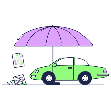 A car is parked beneath a large, oversized umbrella that provides ample shade. The umbrella is open wide, with its ribs clearly defined, creating a protective canopy over the vehicle. The car has sleek lines and is depicted from the side, showcasing its modern design. Nearby, there are informational flyers on the ground that highlight "vehicle insurance coverage." The scene is complemented by a gentle breeze that slightly moves the umbrella's fabric, giving a sense of tranquility to the visual.