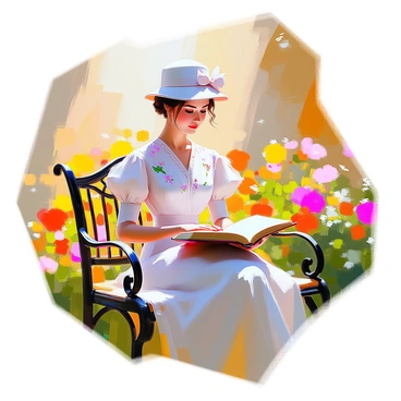 A Victorian lady with a delicate features and a graceful posture is sitting on a wrought-iron bench in a sunlit garden. She is wearing a stylish cloche hat adorned with a ribbon, which complements her elegant dress decorated with floral patterns. In her lap, she holds an open book, her gaze focused on the pages. Surrounding her are vibrant blooming flowers, lush green foliage, and the warm sunlight filtering through the leaves, casting dappled shadows on her and the bench. A gentle breeze rustles the flowers, adding a subtle movement to the tranquil scene.
