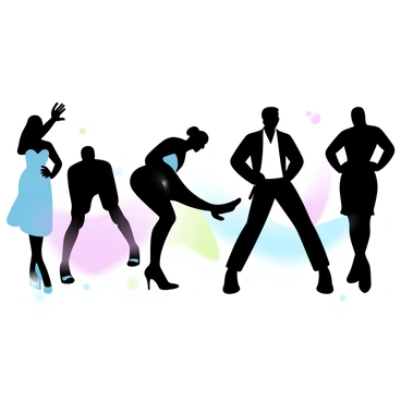 A series of fashion figures in silhouette is displayed against a gradient pastel background. Each figure features a distinct pose, capturing various styles and movements. The first figure is standing tall with an arm raised, showcasing a flowing dress, while another figure is leaning forward in a dynamic pose, wearing a fitted outfit. A third figure is in a relaxed stance with hands on hips, clad in a structured jacket. The silhouettes vary in height and shape, creating an interesting visual rhythm across the composition.