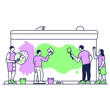A group of five artists is working collaboratively on a large mural on a city wall. In the center, one artist is holding a green paint roller and is applying paint to the wall, while another artist standing to the left is mixing colors on a palette, with a brush in hand. To the right, a third artist is sketching the outline of a design with a purple chalk. Behind them, there are buckets of green and purple paint scattered on the ground, along with various brushes and tools. The city wall features a large blank space waiting to be transformed into a colorful mural. The artists are focused and engaged in their creative process.