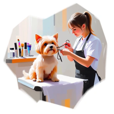 A simple illustration of a dog getting a trim from a pair of scissors