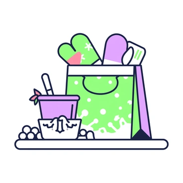 A festive paper bag is sitting on a surface, filled with winter-themed items. The bag has a decorative design featuring snowflakes and holiday motifs. Peeking out from the top of the bag are a pair of colorful mittens, neatly folded. Next to the mittens, there is a container of hot cocoa mix with a lid, adorned with a small red ribbon. Surrounding these items, there are also some small marshmallows in a clear bag, adding to the winter theme. The atmosphere suggests a cozy holiday season.