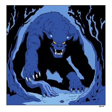 A giant beast with rough, textured skin is emerging from a dark forest. The creature is towering above the surrounding trees, with massive limbs that suggest great strength. Its eyes are glowing fiercely, casting an intense light in the dim surroundings. The forest is dense, with twisted branches and thick underbrush, creating an atmosphere of mystery and tension. Shadows dance around the beast as it steps forward, and the trees seem to part slightly to make way for its presence. The color scheme highlights the contrast between the beast's dark form and the bright glow of its eyes.