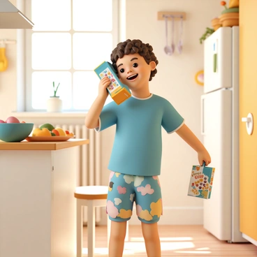 A young child, wearing a bright blue t-shirt and colorful shorts, is standing in a cheerful kitchen filled with sunlight. The child has curly hair and a joyful expression. They are holding a colorful cereal box to their ear, pretending it is a telephone. The kitchen has a wooden table with a bowl of fruits and a small chair nearby. There are various kitchen utensils hanging on the wall, and sunlight streams through a window, casting soft shadows.