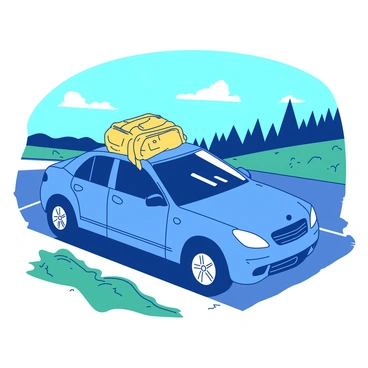 A blue car is parked by the roadside with a yellow sac-à-dos resting on the hood. The car has shiny wheels and is facing the open road, surrounded by greenery and a clear blue sky above. The sac-à-dos has multiple pockets and is slightly unzipped, hinting at its use during a recent journey. In the background, there are distant trees lining the roadside, creating a sense of adventure and exploration.