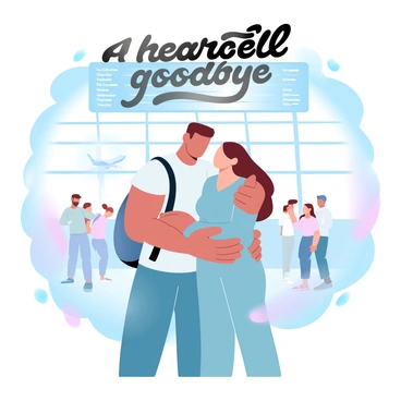 A man and a woman are standing close together in an airport terminal, surrounded by large windows showing airplanes outside. They are dressed in casual travel attire, with the woman carrying a small backpack slung over one shoulder. The man has his hands gently placed on the woman’s shoulders. Their bodies lean slightly toward each other, conveying a sense of closeness. Above them, a large flight information board is visible, displaying departure times and destinations. A small group of travelers can be seen in the background, creating a busy atmosphere, while a soft light filters through the terminal, adding warmth to the scene. "A heartfelt goodbye" is written above the couple in a flowing, cursive font.
