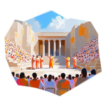 A group of actors in traditional ancient Greek costumes is performing a tragedy on a large stone stage within an ancient Greek amphitheater. The actors are expressing deep emotions, embodying their characters with dramatic gestures and facial expressions. The amphitheater is constructed of stone, with tiered seating filled with a captivated audience. The spectators are dressed in ancient attire, some leaning forward, absorbed in the performance. The backdrop features ornate columns and a clear blue sky above, highlighting the grandeur of the setting.