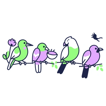 A series of birds perched on branches, each showcasing distinct beak shapes that cater to their different feeding habits. On the left, there is a bird with a long, slender beak, reaching into a flower for nectar. Next to it, a bird with a thick, conical beak is cracking open seeds from a small pod. In the center, a bird with a curved beak is sipping water from a small pool. Moving to the right, a bird with a sharp, pointed beak is catching insects in mid-air. Each bird is depicted with intricate details, illustrating their unique features and adaptations.